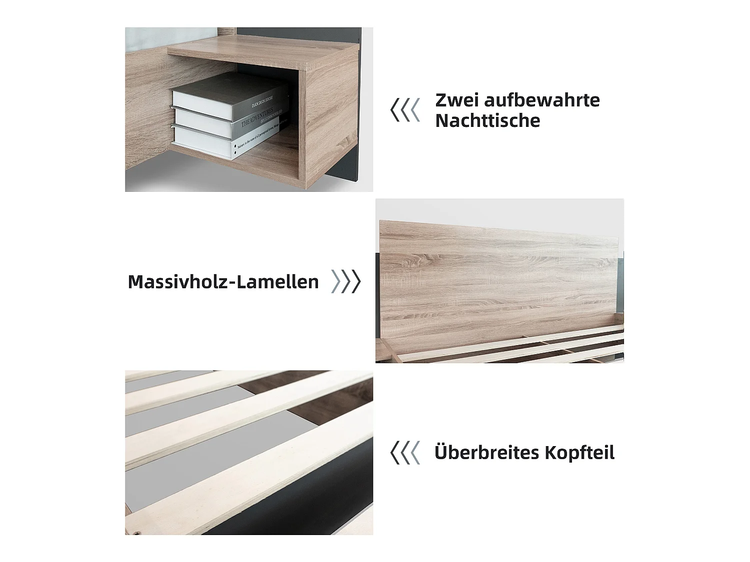 Bedset met nachtkastjes 160 x 200 cm + Boxspring - massief hout - Kleuren: Naturel en antraciet