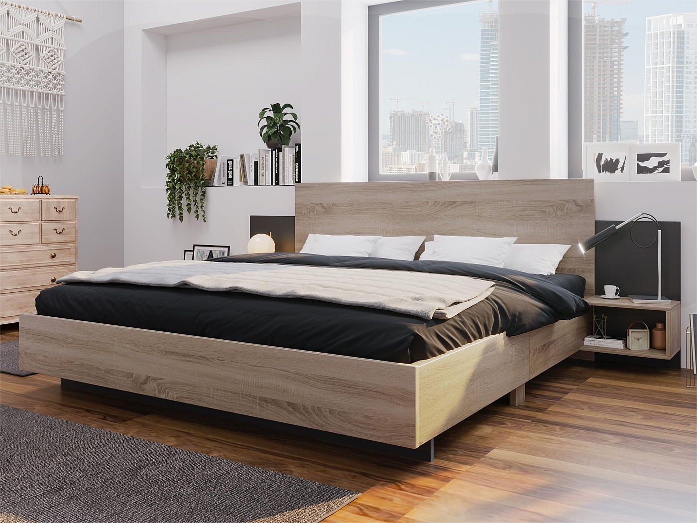 Bed Tweepersoonsbed LOFT 3 - het perfecte slaapkamerverzorgingsbed. 180x200cm matras, met bedkast voor beddengoed en topper. Hoofdeinde. (Loft 3 groen, 180x200
