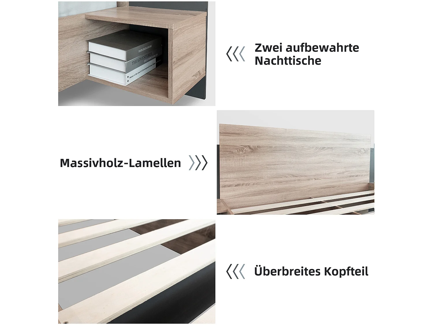 Ensemble lit avec chevets 160 x 200 cm + Sommier - bois massif - Coloris : Naturel et anthracite