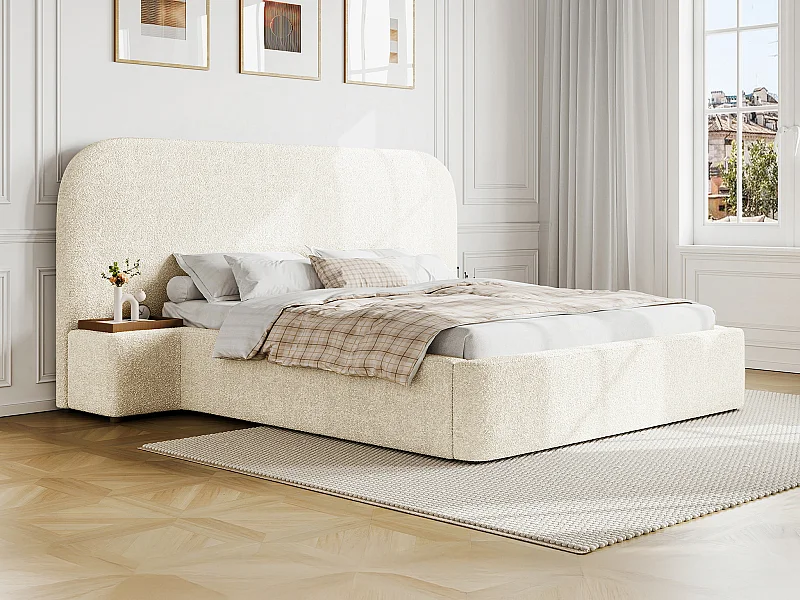 Cama com espaço de arrumação 160x200 cm com mesas de cabeceira tecido bouclé branco - ESTERIA de Maison Céphy