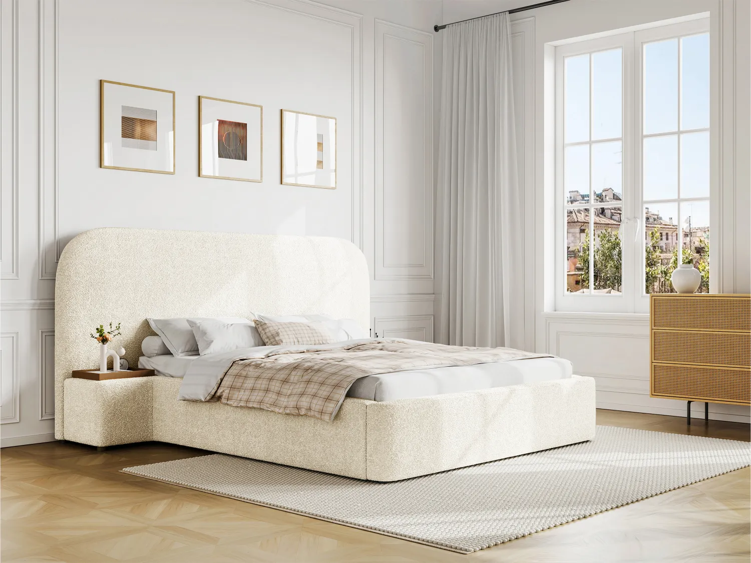 Letto con contenitore 160 x 200 cm con comodini Tessuto bouclette Bianco - ESTERIA della Maison Céphy