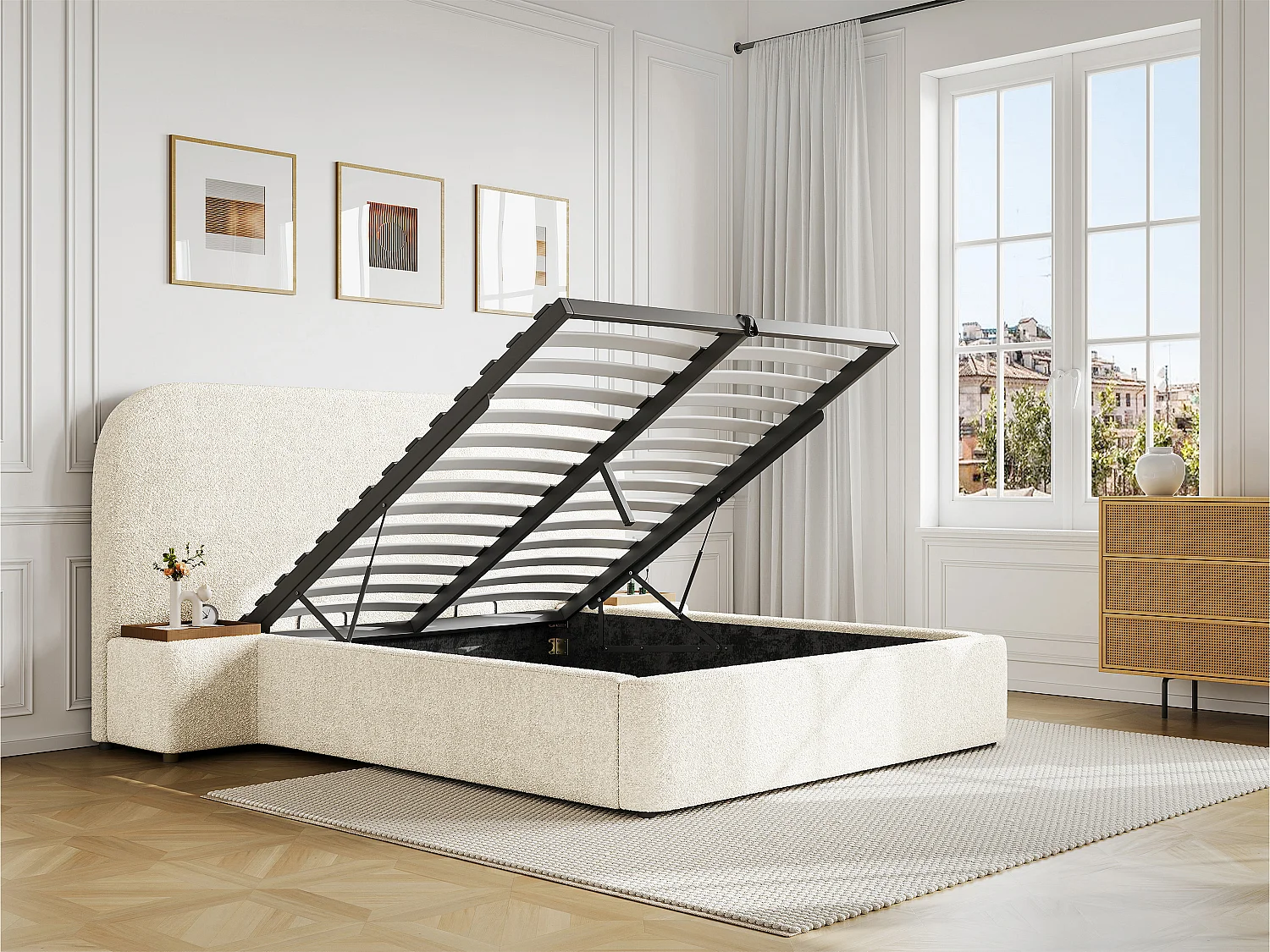 Lit coffre 180 x 200 cm avec chevets - Tissu bouclette - Blanc - ESTERIA de Maison Céphy