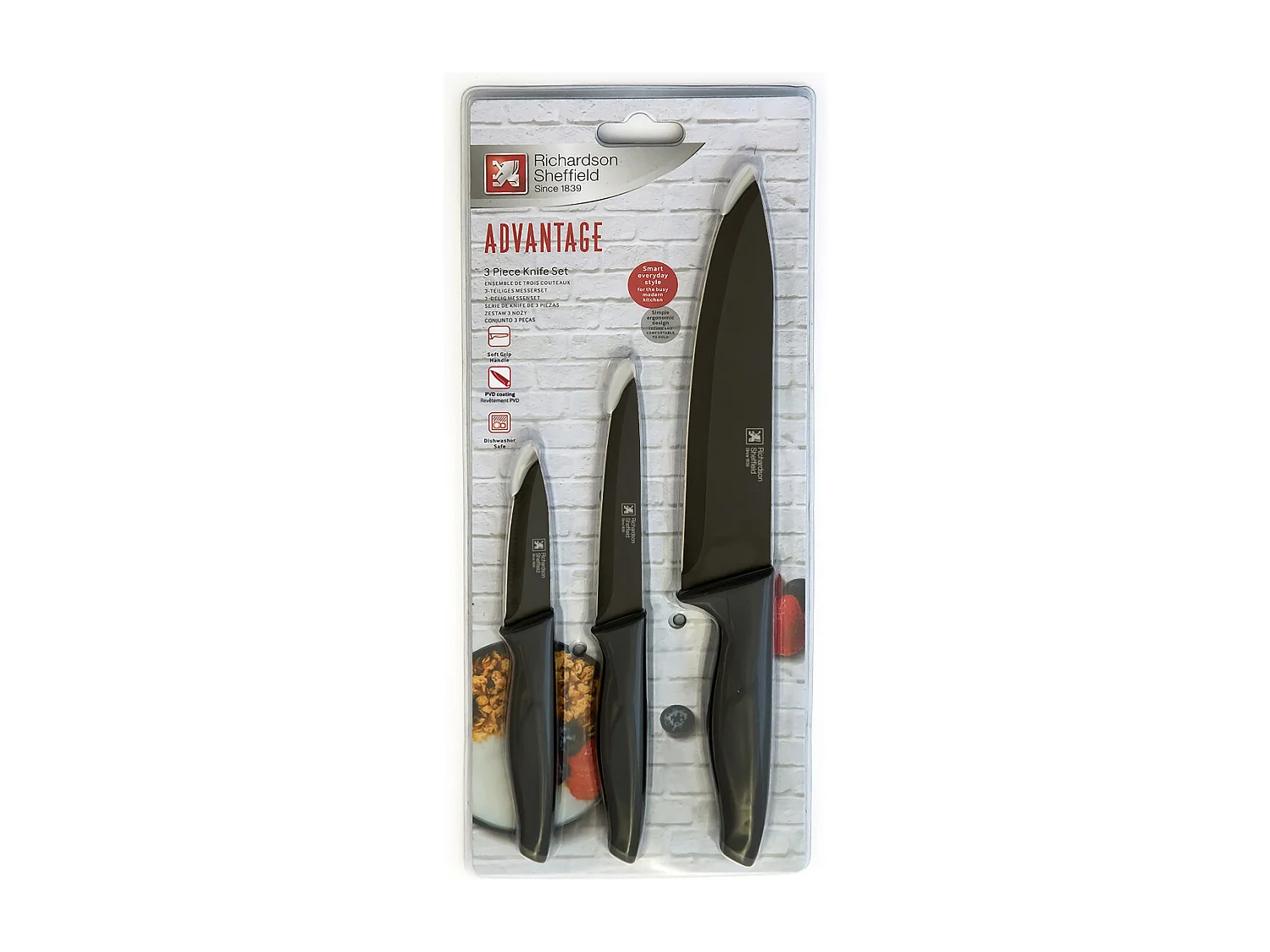 Advantage Noir - Set 3 couteaux lames PVD noir : Office, Utile et Chef