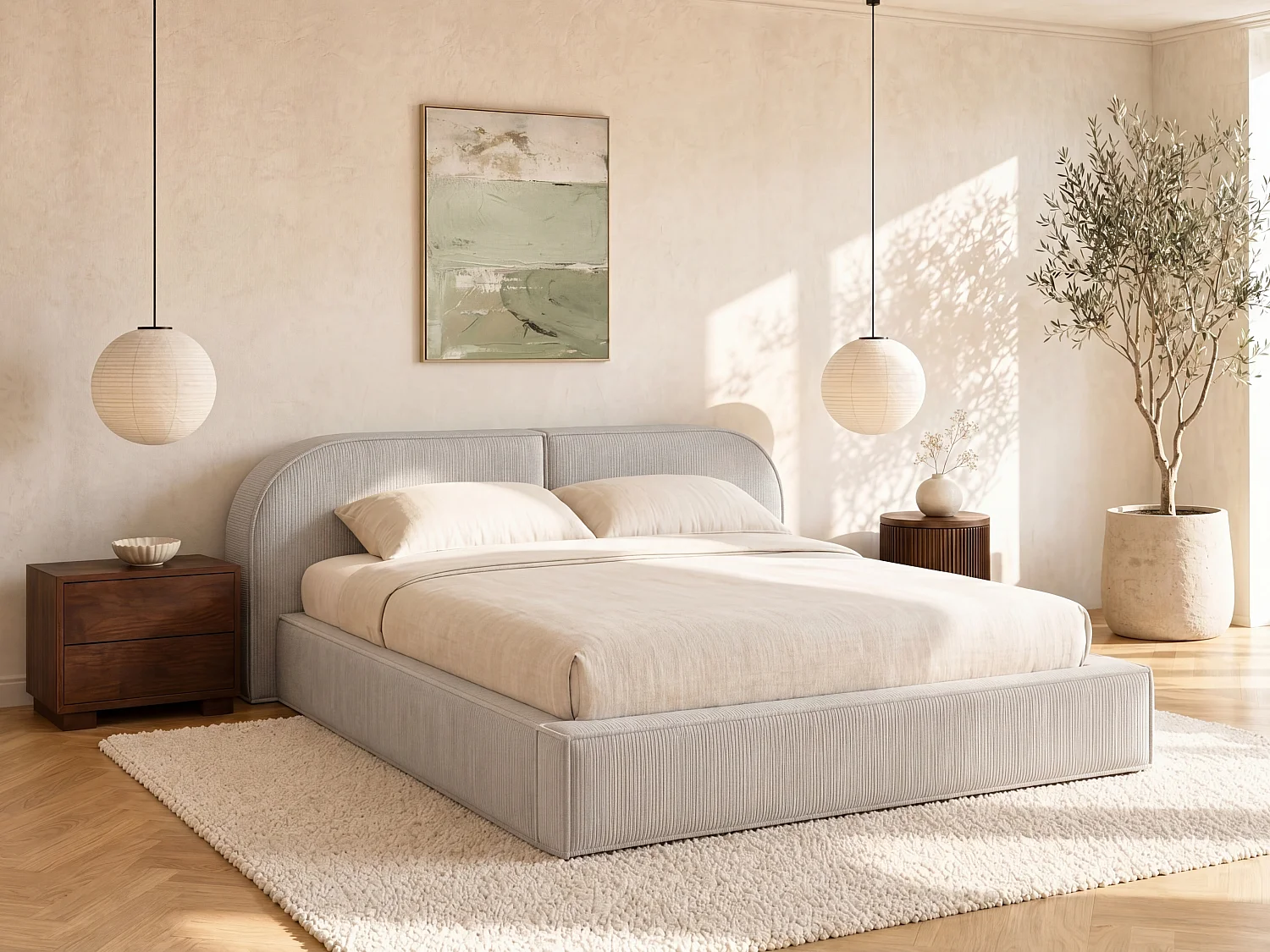 Bett mit Bettkasten - 180 x 200 cm - Cord - Cremefarben - LIRABA von Maison Céphy