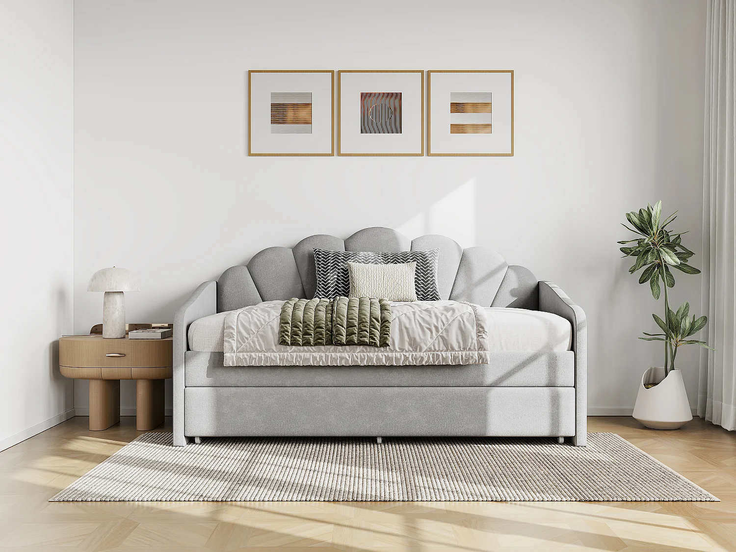 Lit gigogne coquillage 2 x 90 x 190 cm - Velours - Gris clair - ELUSIA