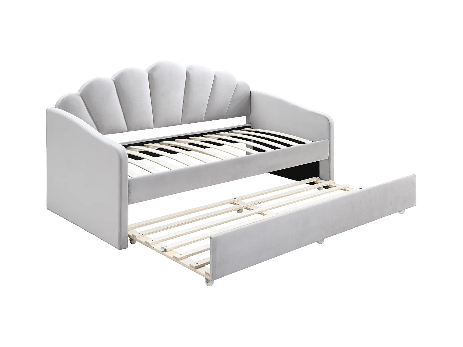 Lit gigogne coquillage 2 x 90 x 190 cm - Velours - Gris clair - ELUSIA