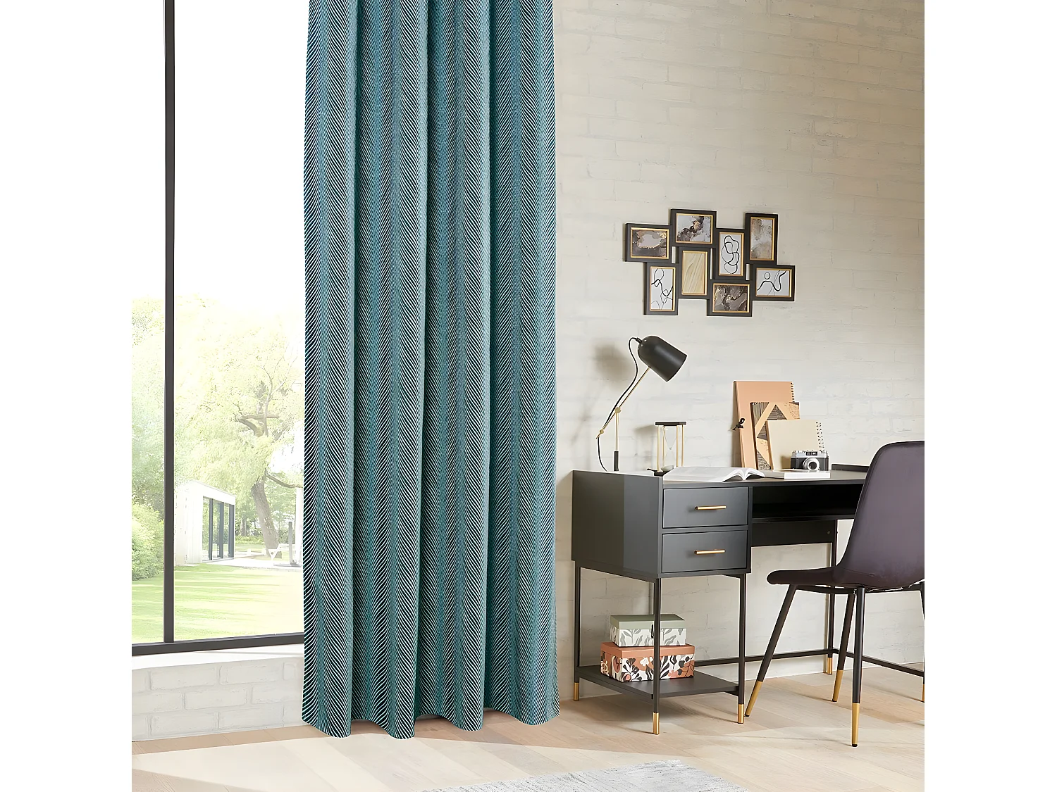 Rideau à œillets Occultant Jacquard Vert Foncé avec effet matière 140 x 260 cm