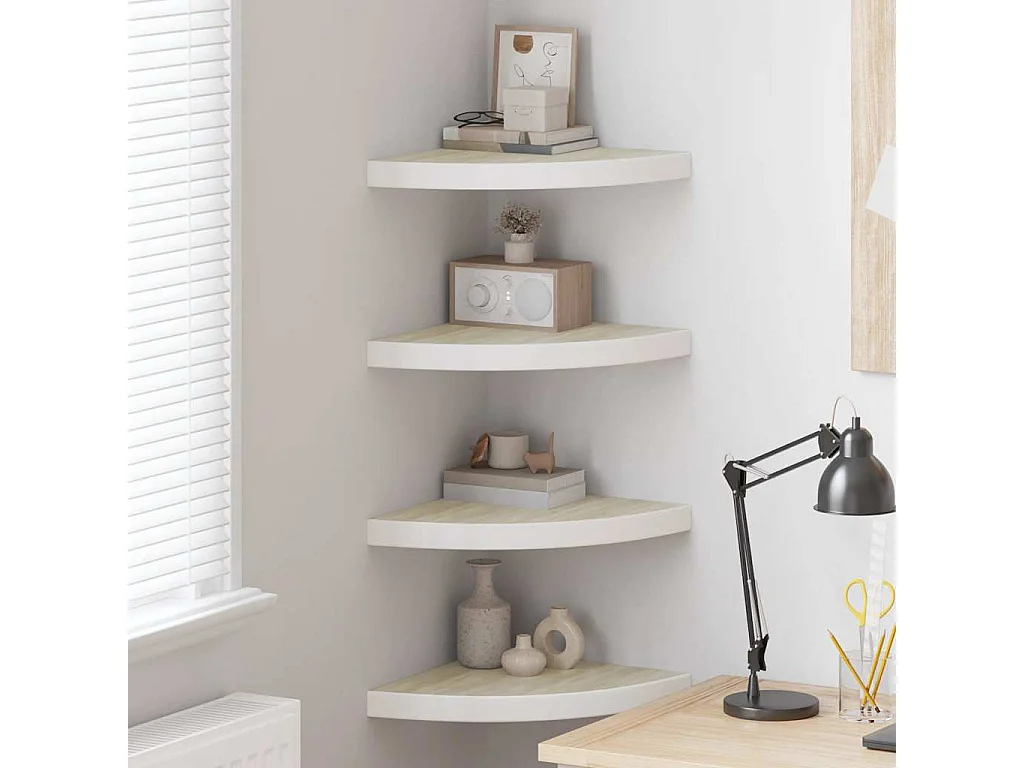 Étagères d'angle murales 4 pcs Chêne et blanc 35x35x3,8 cm MDF