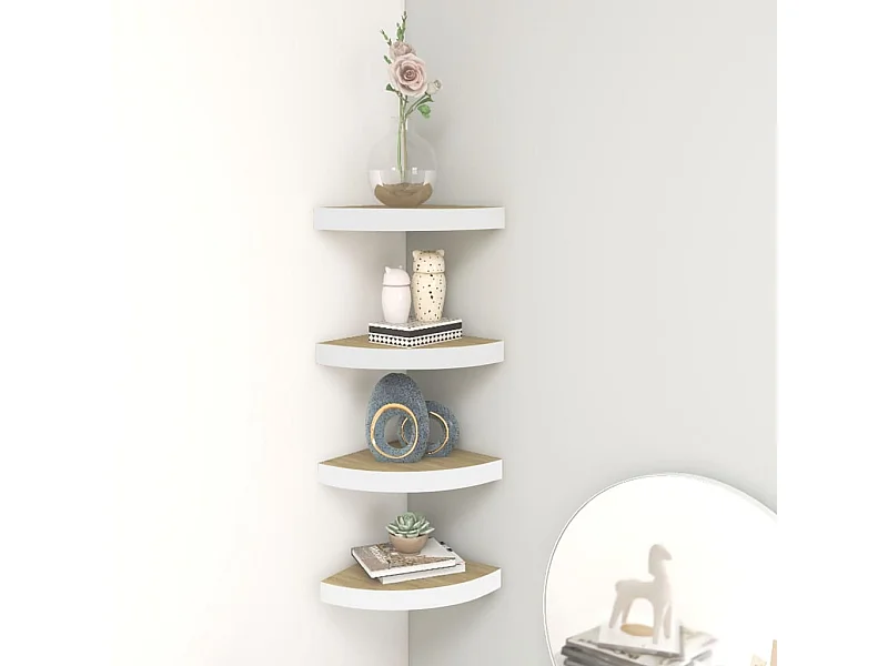 Hoekwandschappen 4 st 35x35x3,8 cm MDF eikenkleurig en wit