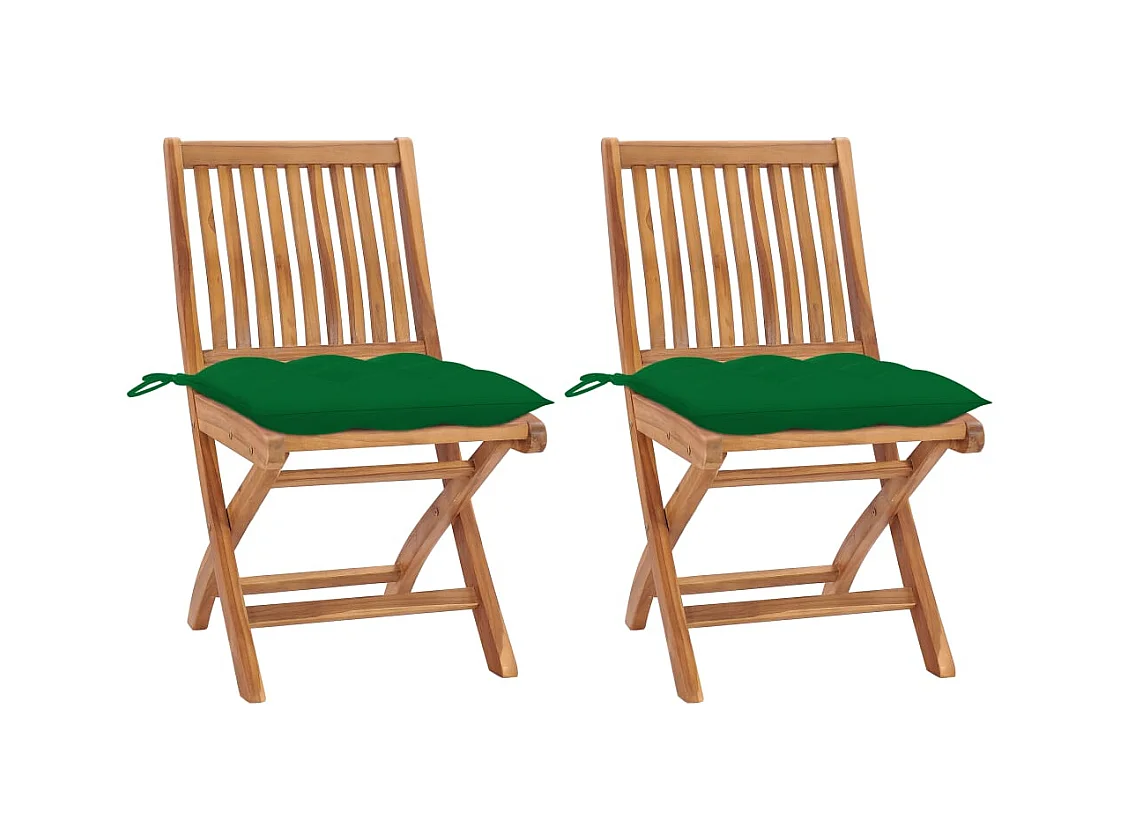 Chaises de jardin lot de 2 et coussins vert Bois de teck massif