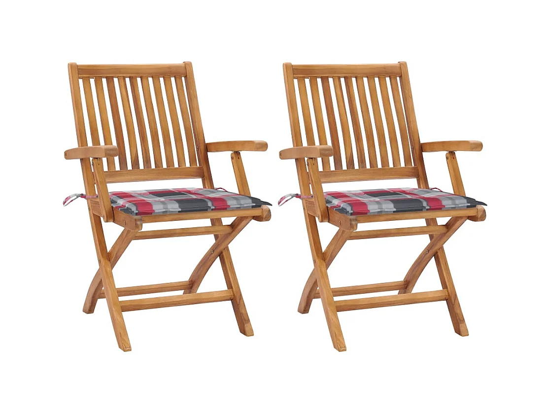 Chaises de jardin lot de 2 avec coussins à carreaux rouge Teck