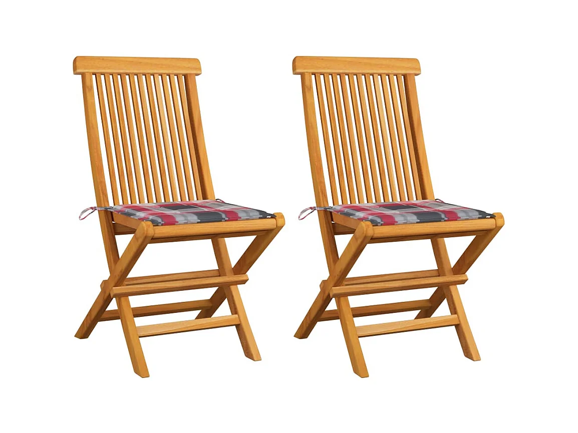 Chaises de jardin lot de 2 avec coussins à carreaux rouge Teck
