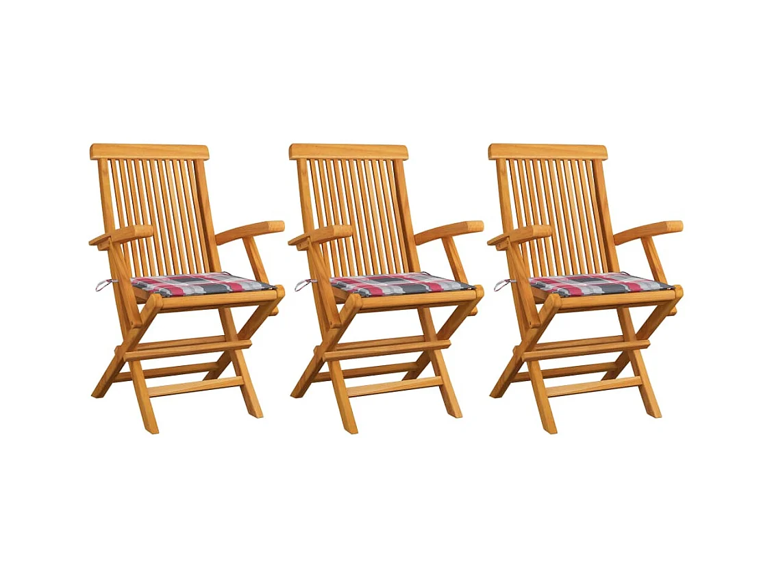 Chaises de jardin et coussins à carreaux rouge lot de 3 Teck