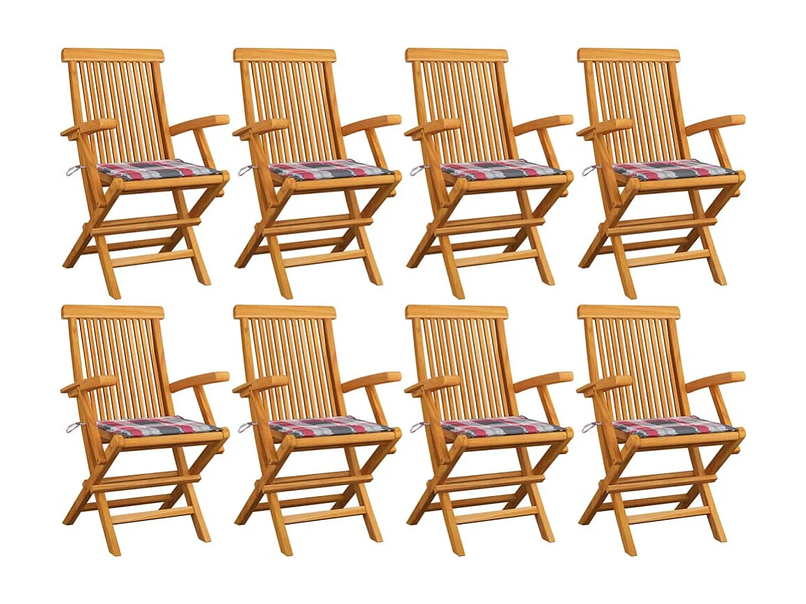 Chaises de jardin et coussins à carreaux rouge lot de 8 Teck
