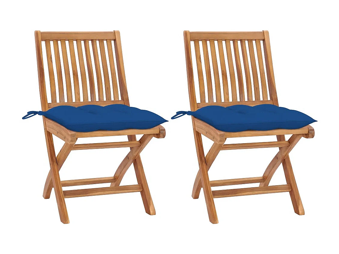 Sedie da Giardino 2 pz con Cuscini Blu in Massello di Teak