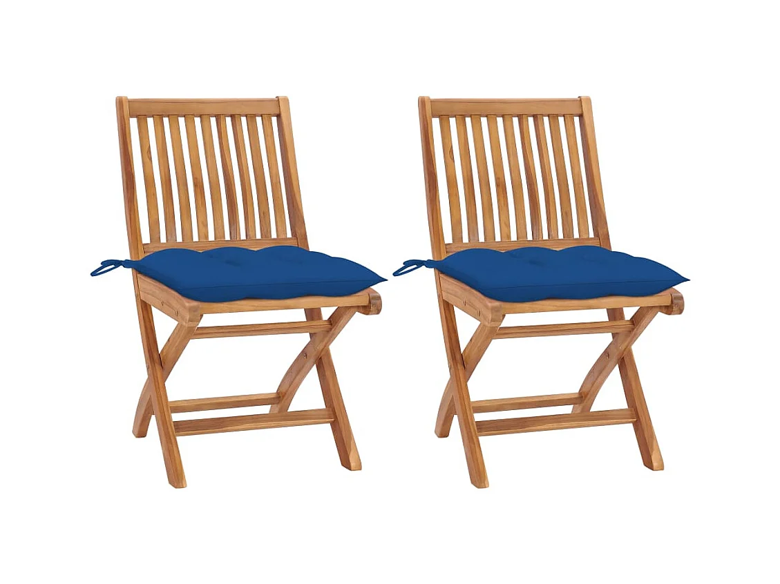 Tuinstoelen 2 st met blauwe kussens massief teakhout