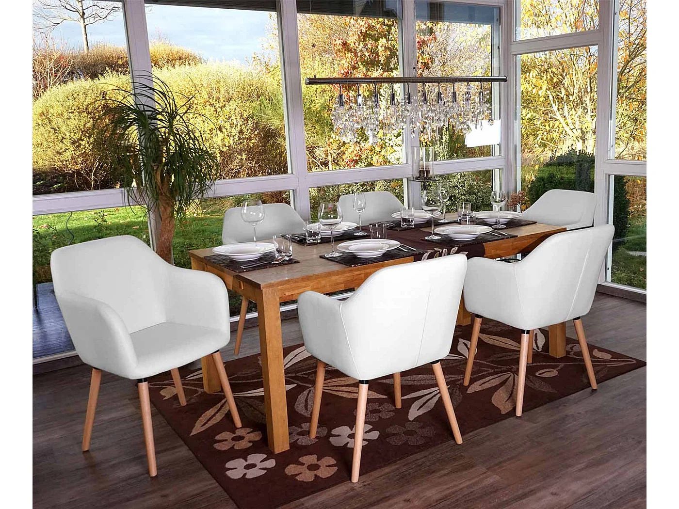 Krzesło do jadalni Vaasa T381 (zestaw 6 sztuk),  imitacja skóry, białe, jasne nogi