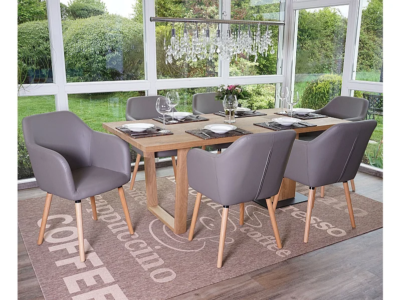 Serie Malmoe 6x sedie sala da pranzo T381 legno massiccio ~ ecopelle grigio chiaro