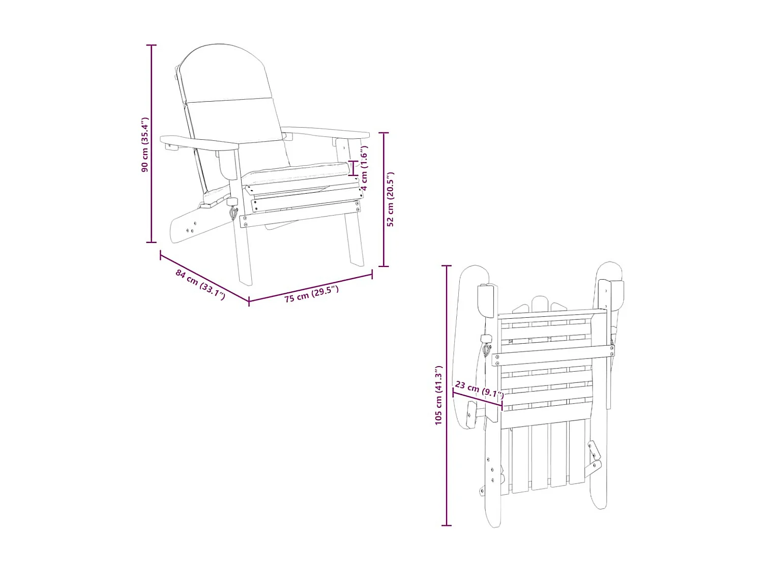 Chaise de jardin Adirondack avec coussins bois massif d'acacia