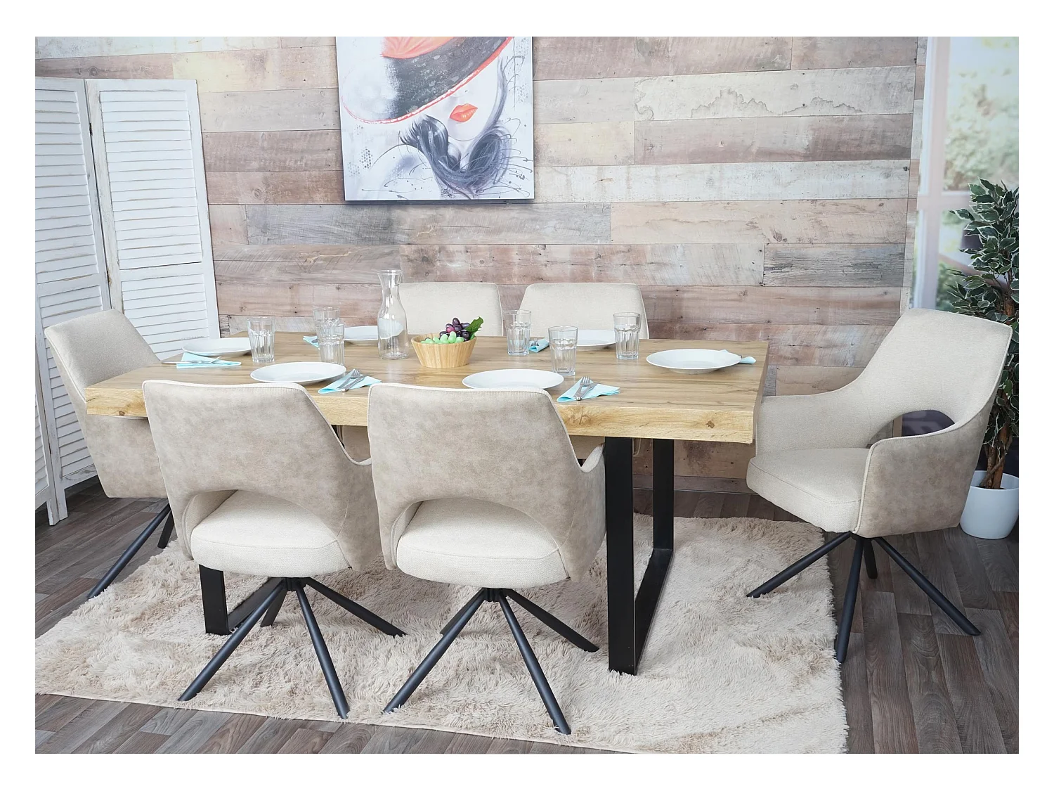 Set 6x sedie poltroncine girevole con braccioli elegante imbottita MCW-K30 tessuto avorio