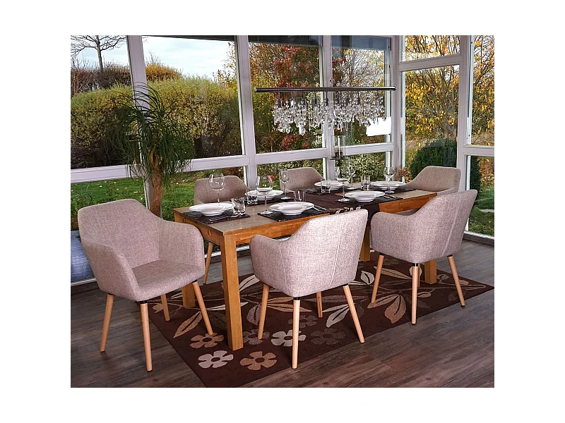 Serie Malmoe 6x sedie sala da pranzo T381 legno massiccio ~ tessuto beige