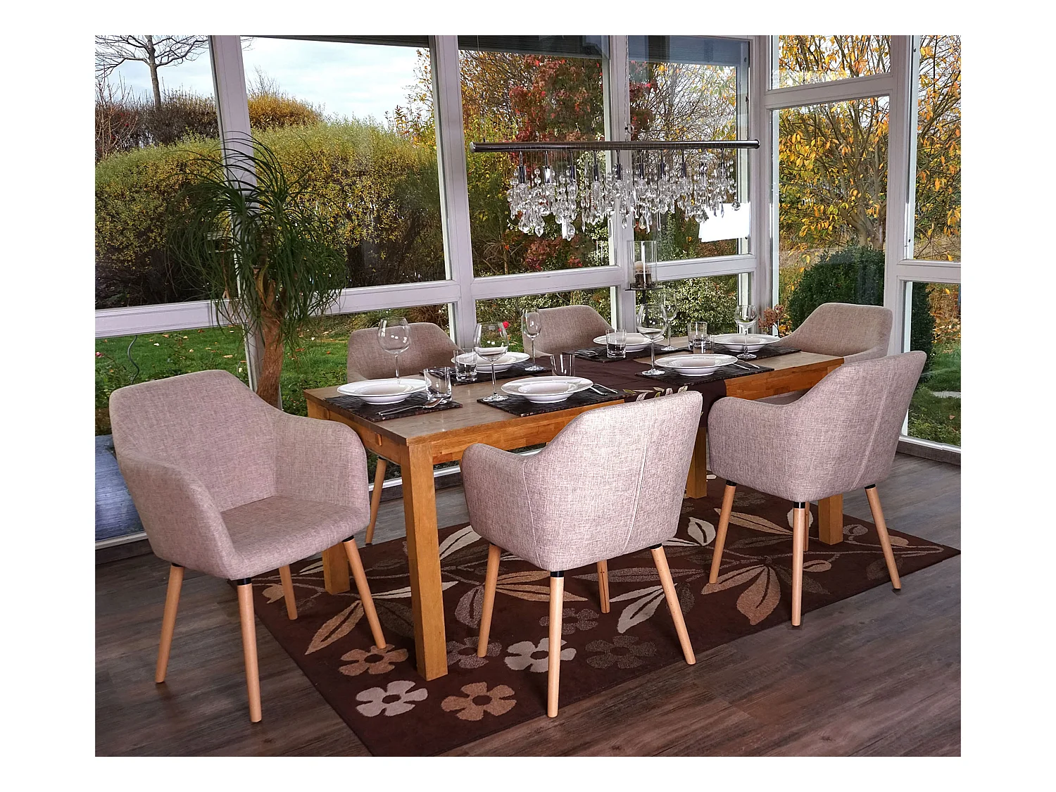 Eetkamerstoel Vaasa T381 (set van 6),  textiel, crème/grijs, lichte poten