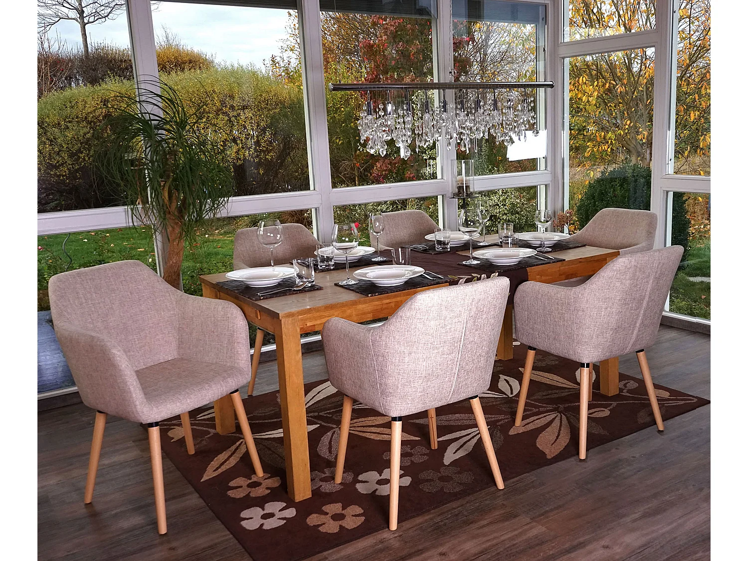 Silla de comedor Vaasa T381 (juego de 6),  textil, crema/gris, patas claras