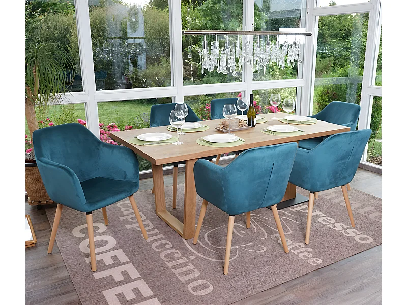 Silla de comedor Vaasa T381 (juego de 6),  terciopelo, azul petróleo, patas claras