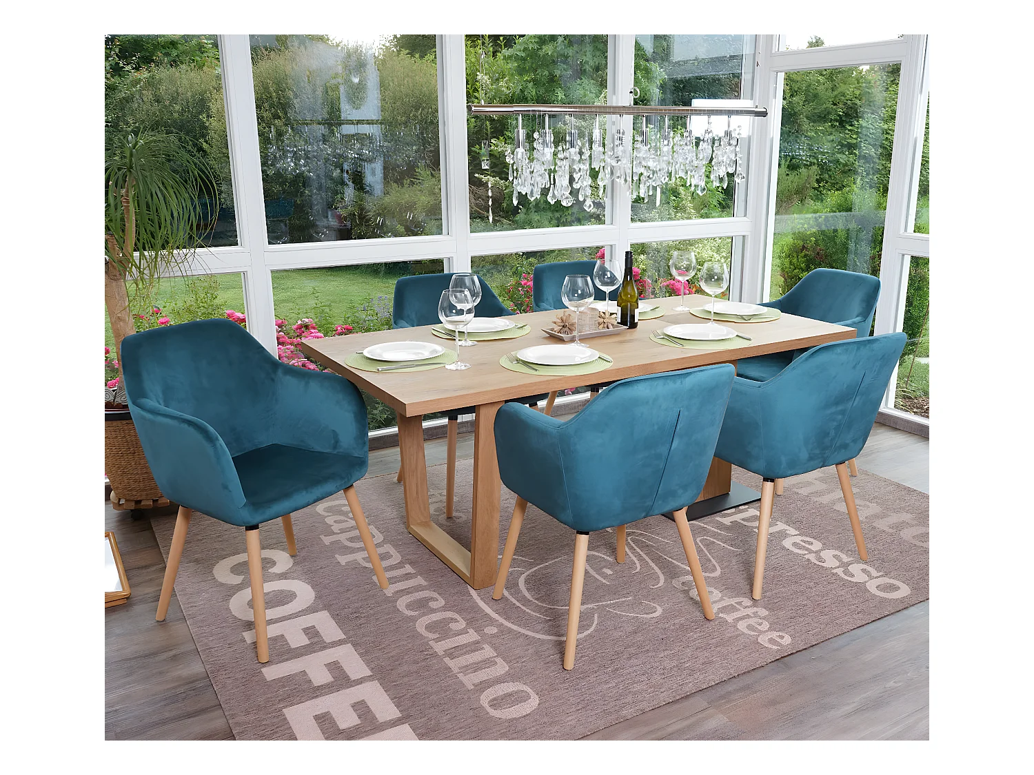 Chaise de salle à manger Vaasa T381 (lot de 6),  velours, bleu pétrole