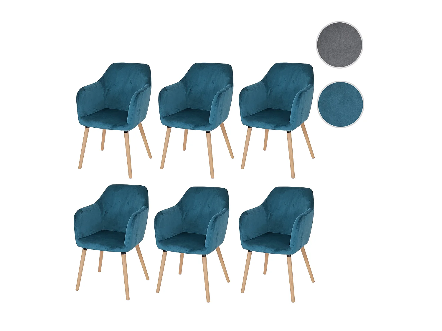 Eetkamerstoel Vaasa T381 (set van 6),  fluweel, petrolblauw, lichte poten