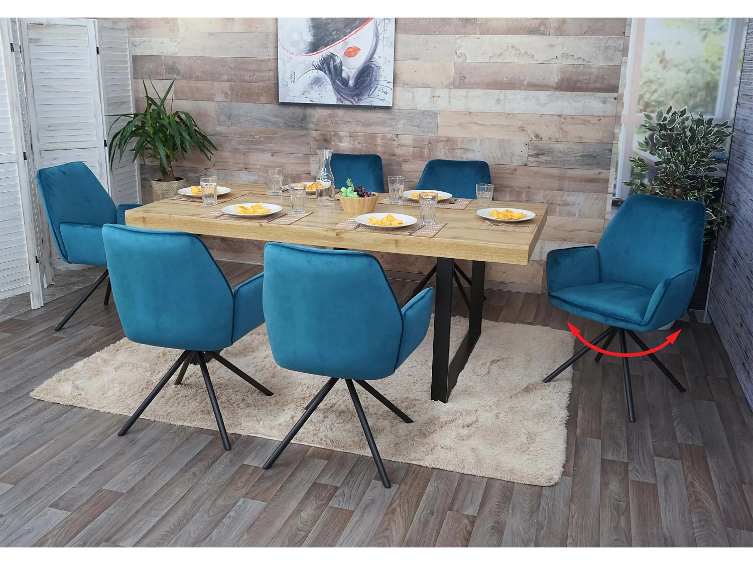 Eetkamerstoel MCW-G67 (set van 6),  turquoise-blauw, zwarte poten