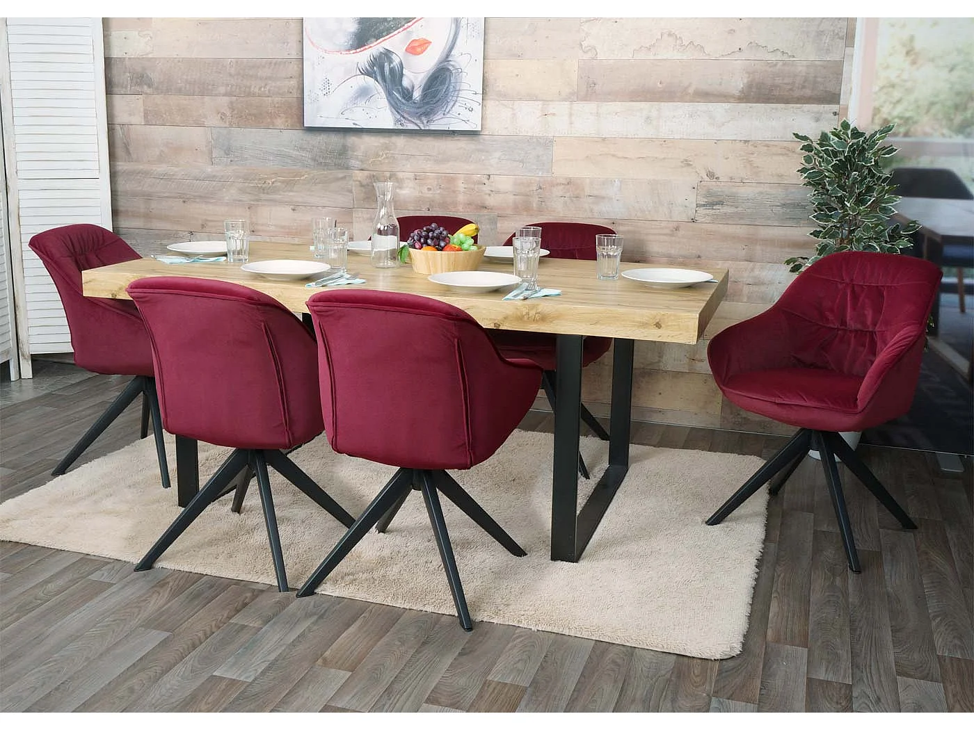 Set 6x sedie poltrone girevoli con braccioli elegante imbottita MCW-K28 tessuto bordeaux