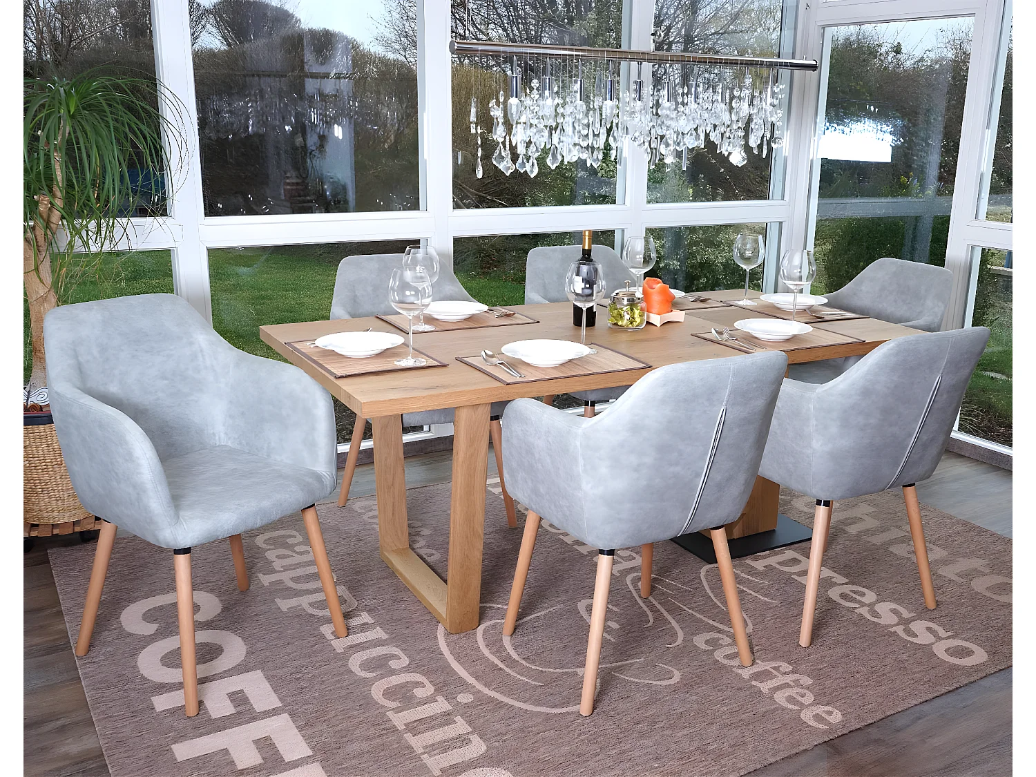 Eetkamerstoel Vaasa T381 (set van 6),  textiel, vintage betongrijs, lichte poten