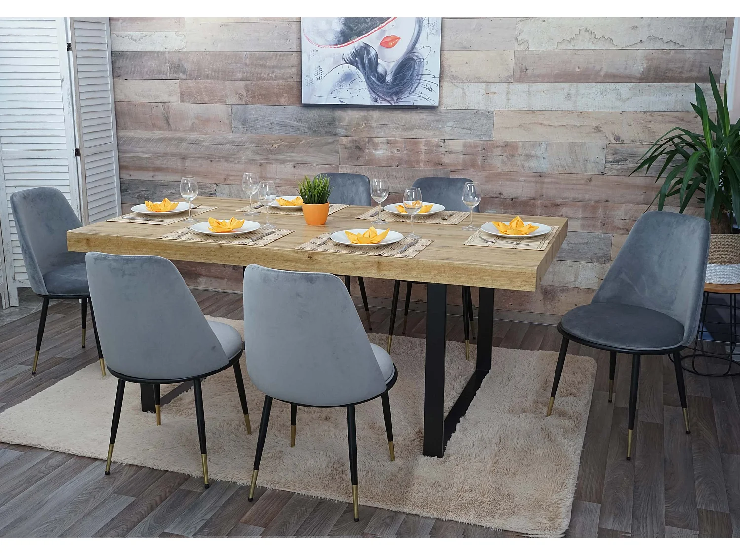 Eetkamerstoel MCW-H28 (set van 6),  grijs, zwarte poten, fluweel