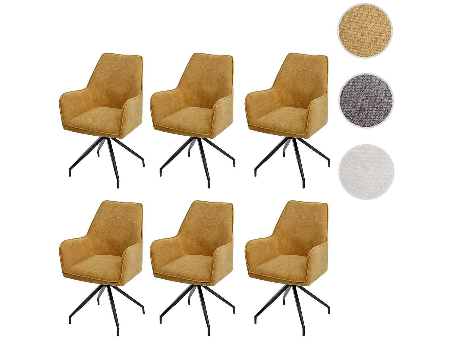 Set 6x sedie imbottite con braccioli MCW-K15 struttura treppiede tessuto giallo