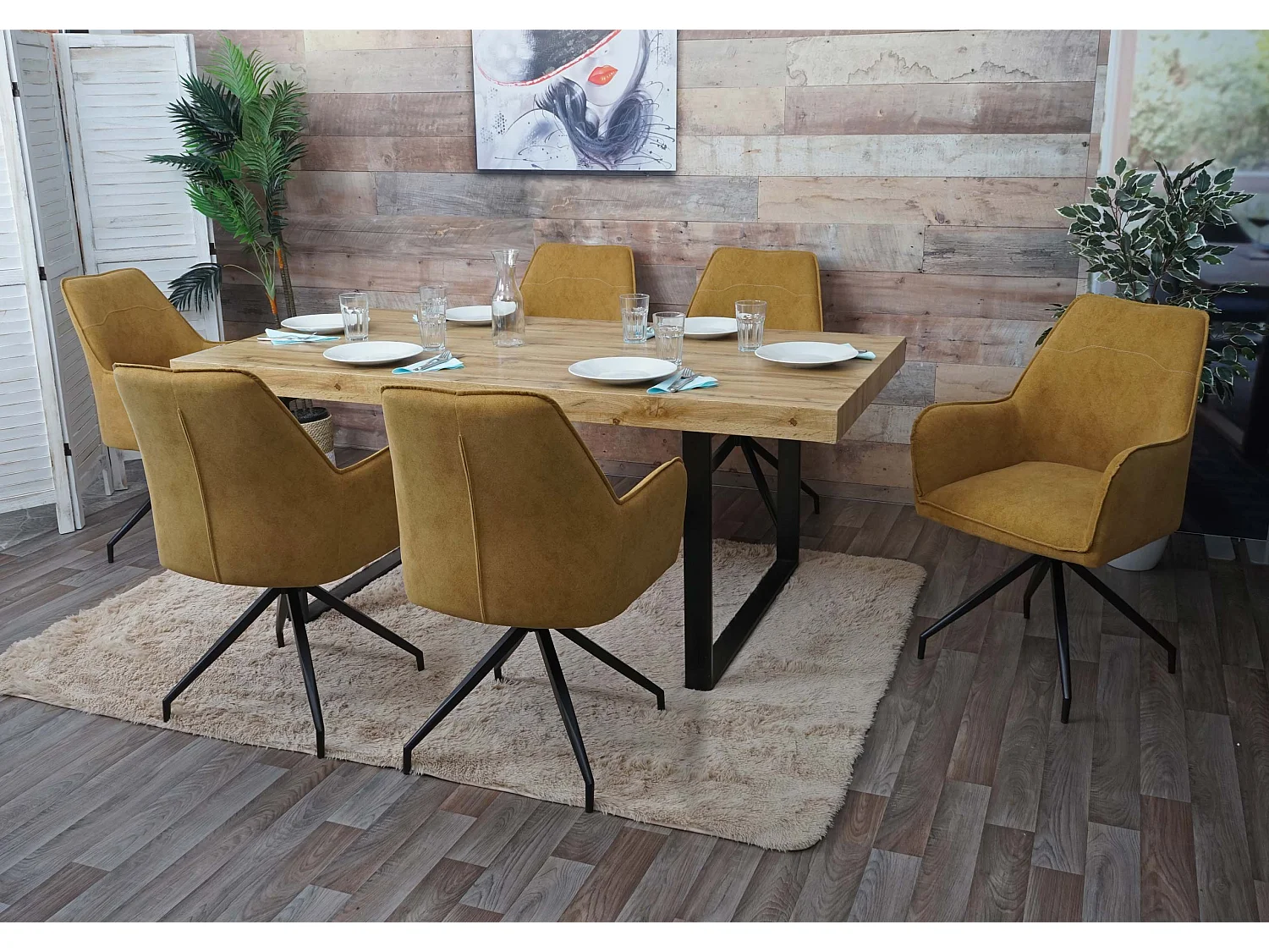Set 6x sedie imbottite con braccioli MCW-K15 struttura treppiede tessuto ~ giallo