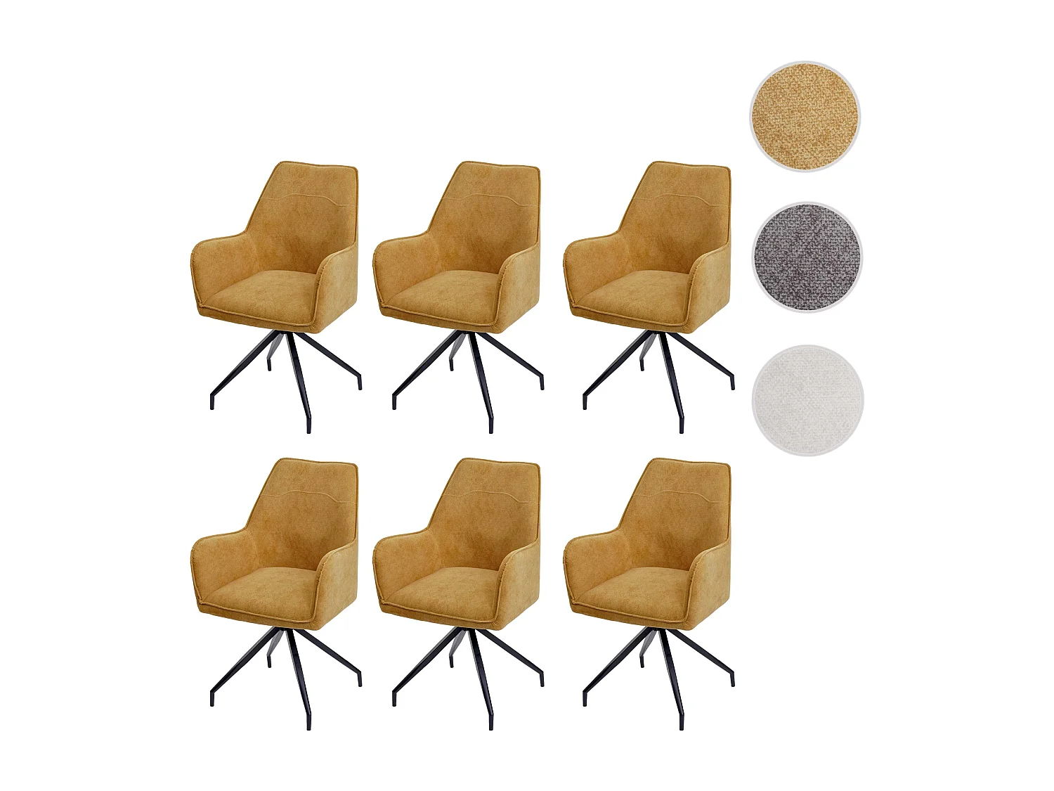 Set 6x sedie imbottite con braccioli MCW-K15 struttura treppiede tessuto ~ giallo