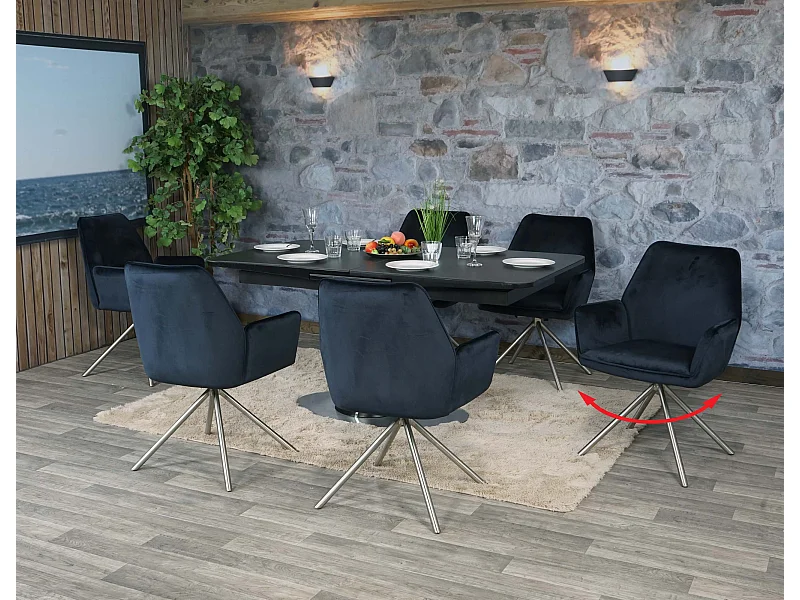 Set 6x sedie poltroncine girevole con braccioli elegante imbottita MCW-G67 gambe grigie velluto antracite blu