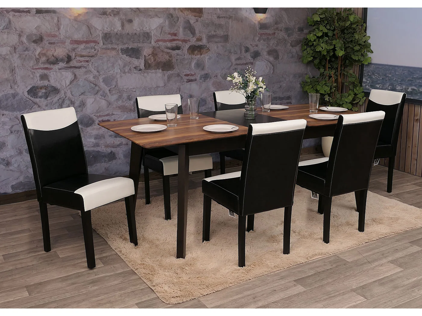 Chaise de salle à manger Littau (lot de 4),  simili-cuir, noir-crème, pieds foncés