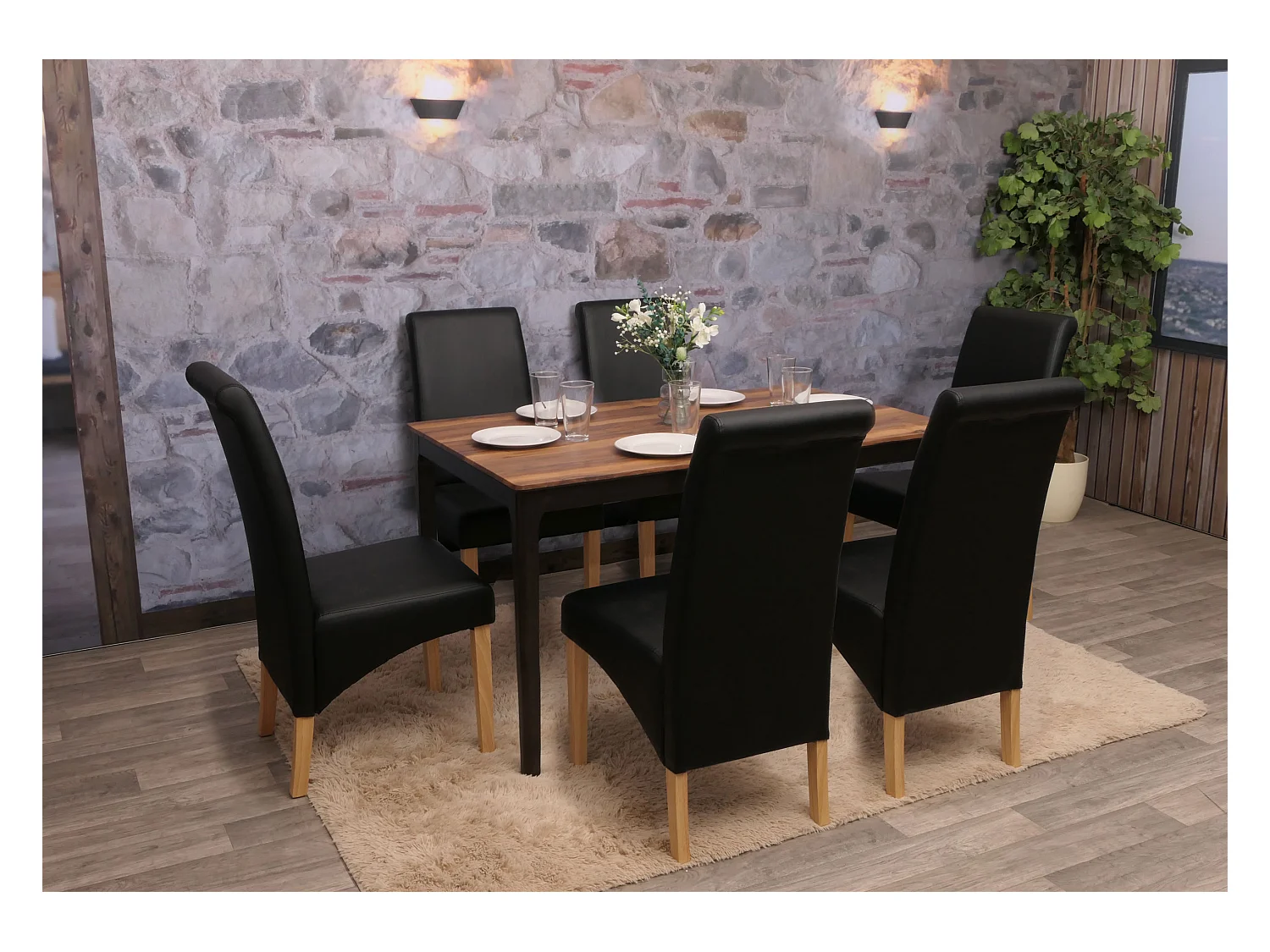 Esszimmerstuhl M37 (6er Set), Kunstleder matt, schwarz, helle Füße