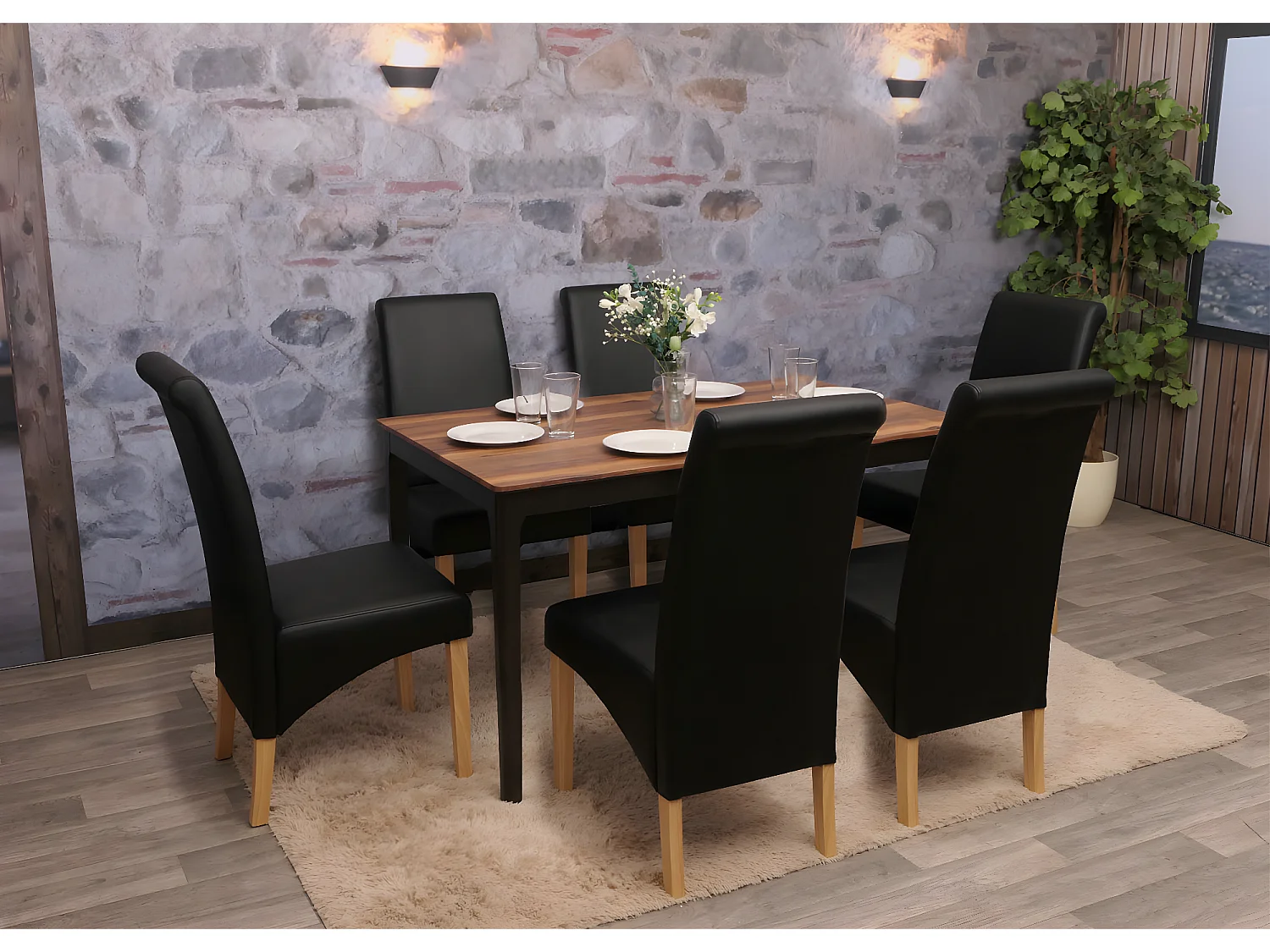 Esszimmerstuhl M37 (6er Set), Kunstleder matt, schwarz, helle Füße