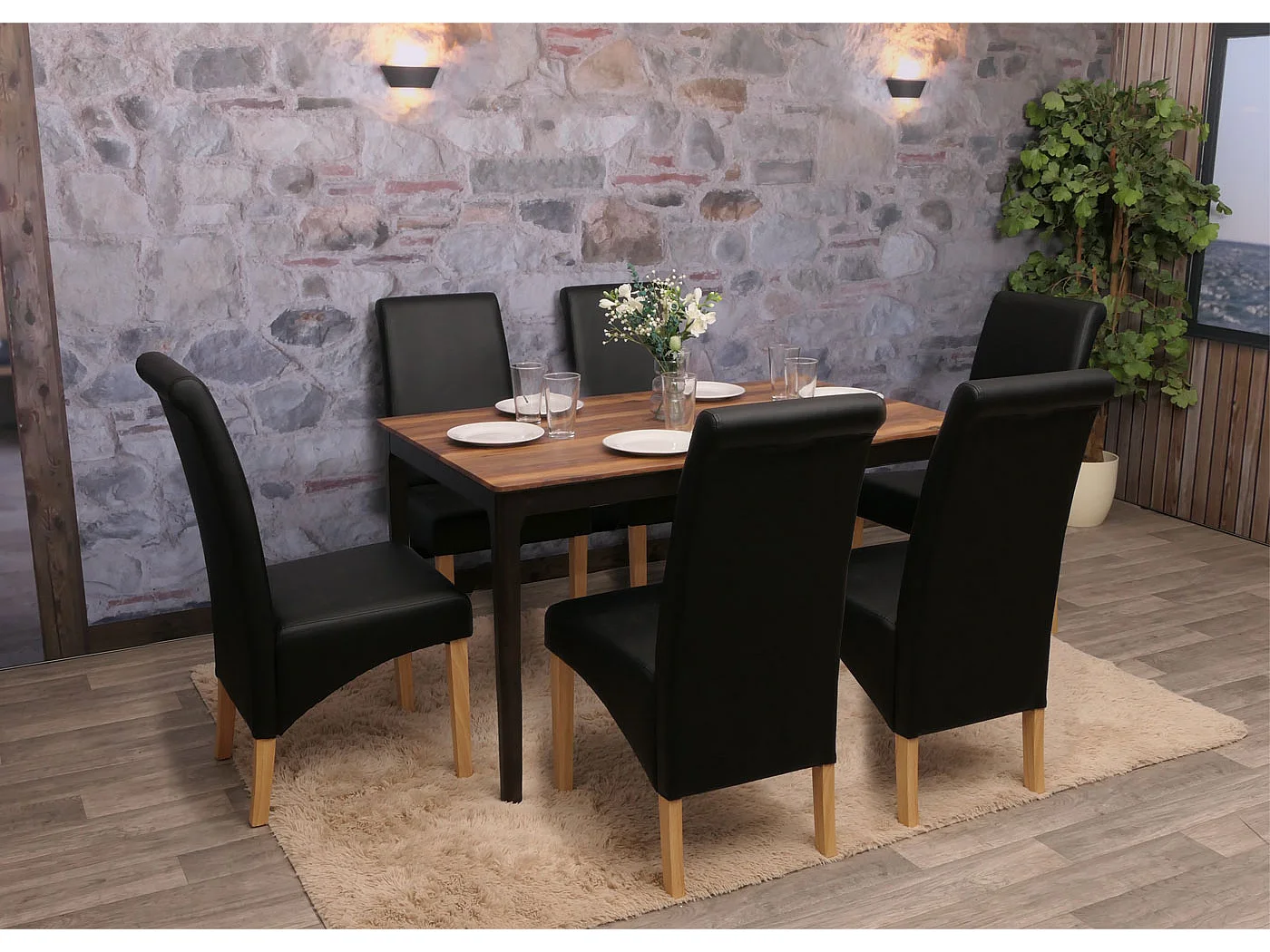 Eetkamerstoel M37 (set van 6),  kunstleer mat, zwart, lichtgekleurde poten