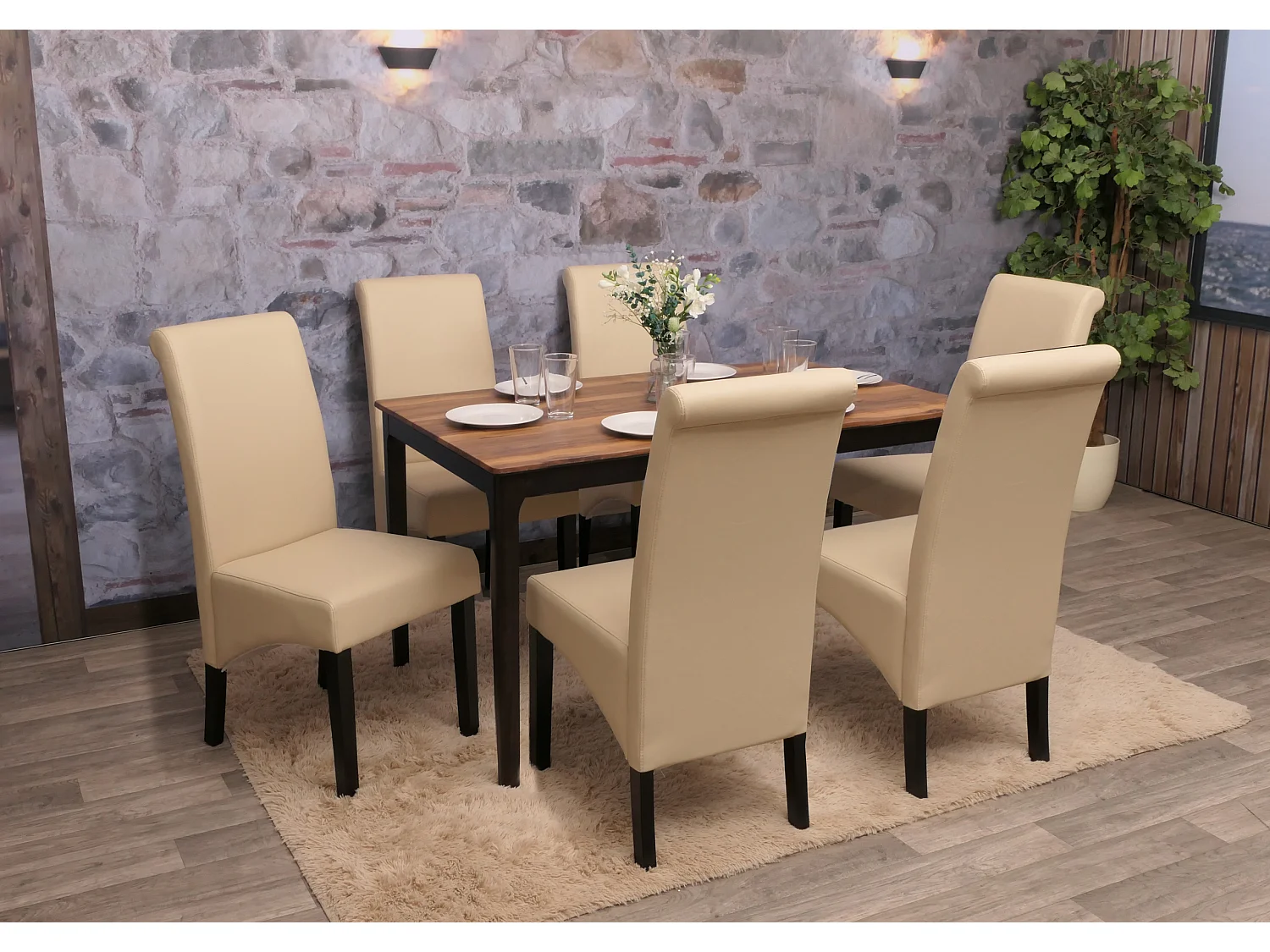 Esszimmerstuhl M37 (6er-Set), Leder, creme, dunkle Füße