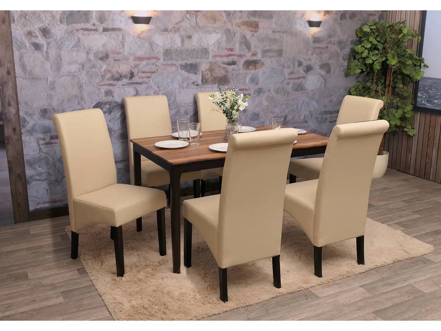 Chaise de salle à manger M37 (lot de 6),  cuir, crème, pieds foncés