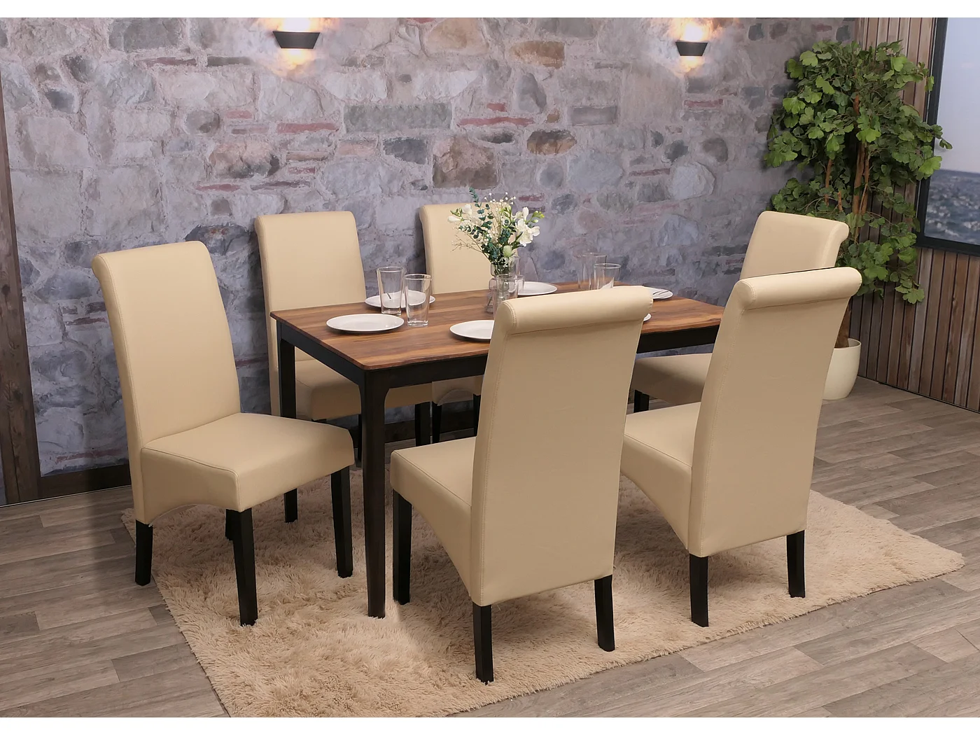 Chaise de salle à manger M37 (lot de 6),  cuir, crème, pieds foncés