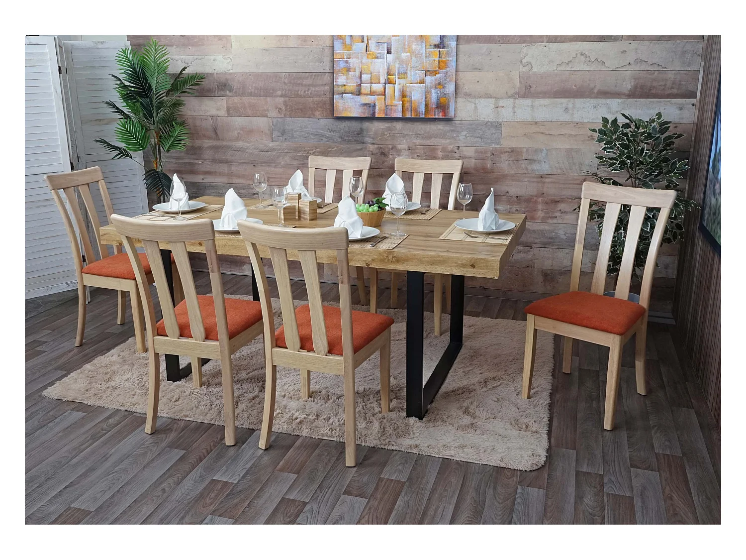 Esszimmerstuhl MCW-G46 (6er-Set), Naturfarbenes Gestell, orange