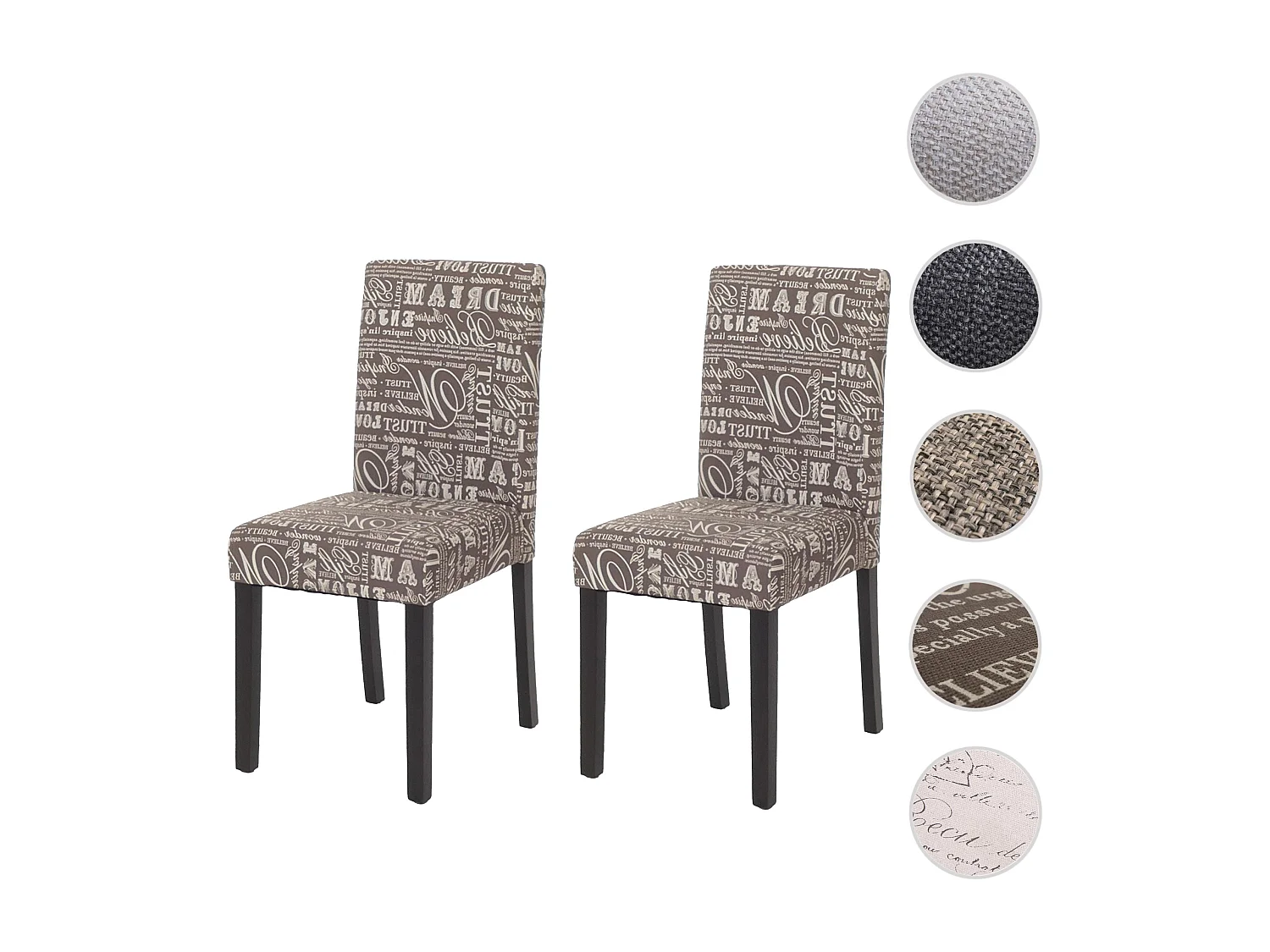 Eetkamerstoel Littau (set van 2),  textiel met letters, grijs, donkere poten