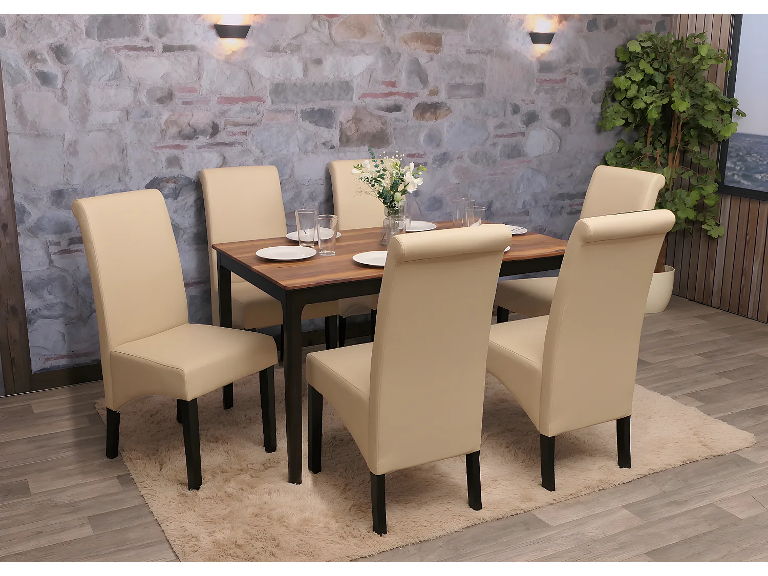 Chaise de salle à manger Cesena (lot de 2),  cuir, crème, pieds foncés