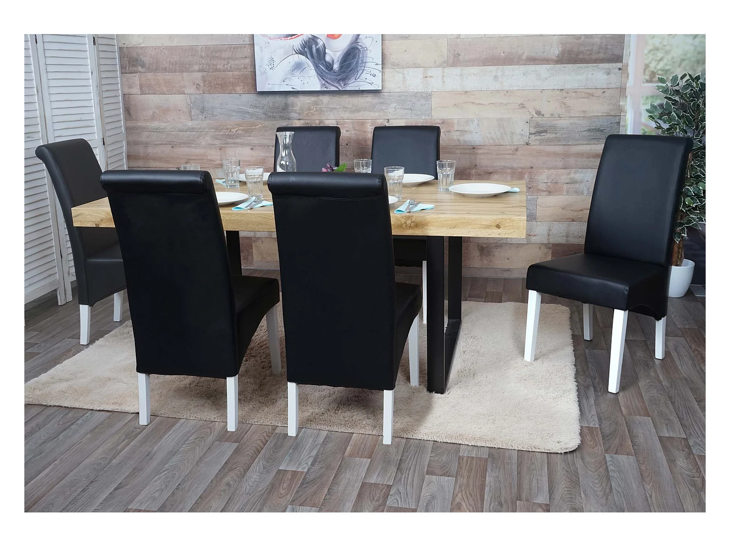 Chaise de salle à manger M37 (lot de 6),  cuir, noir, pieds blancs