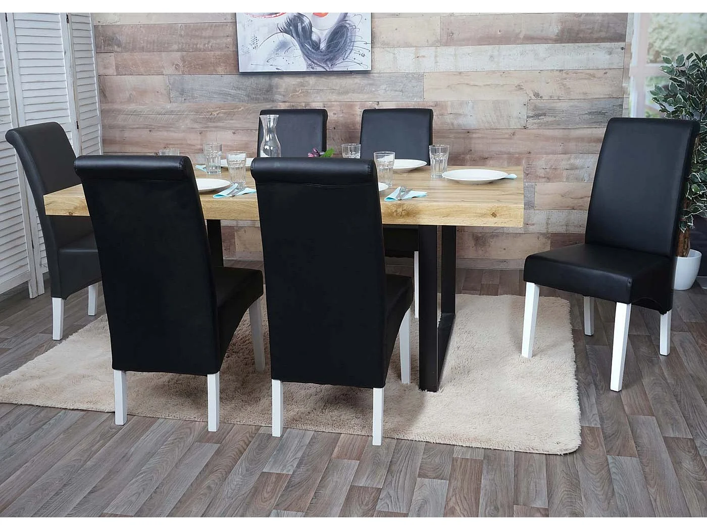 Set 6x sedie M37 soggiorno sala pranzo elegante lounge pelle 50x46x99cm nero piedi bianchi